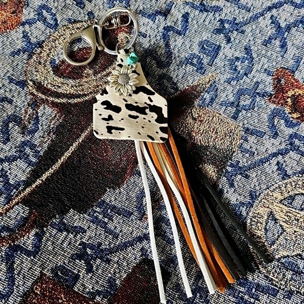 Cow Print Cowtag Sunflower With Stone Accents And Leather Tassel Key…